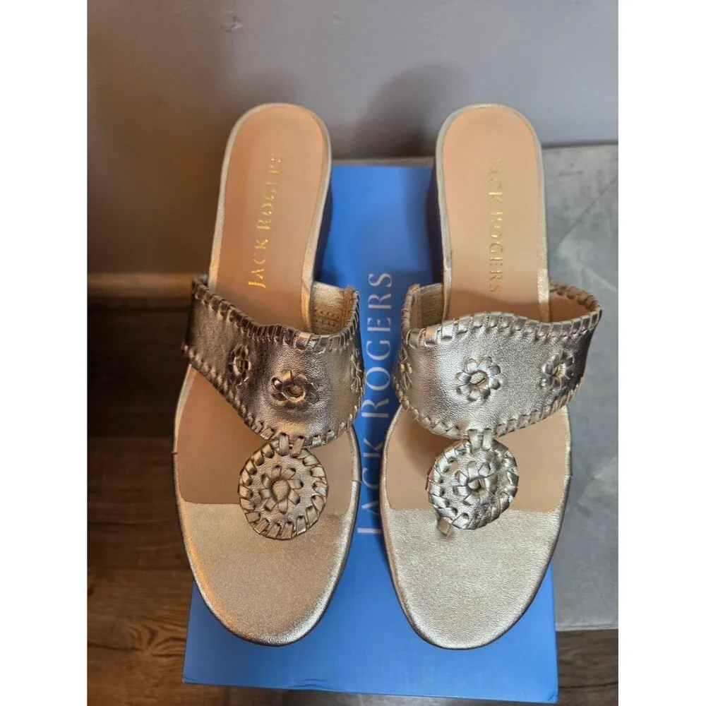 Jack Rogers Mid Wedge Stacked Metallic Gold Wedge Sandals, Size 10, NIB